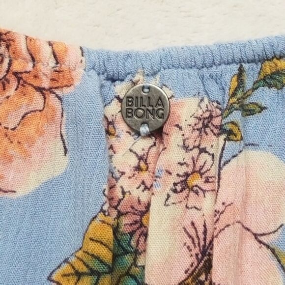 Billabong Large Crop Top Blouse Balloon Sleeve Blue Floral Crepe Flowy Beach - Picture 8 of 10